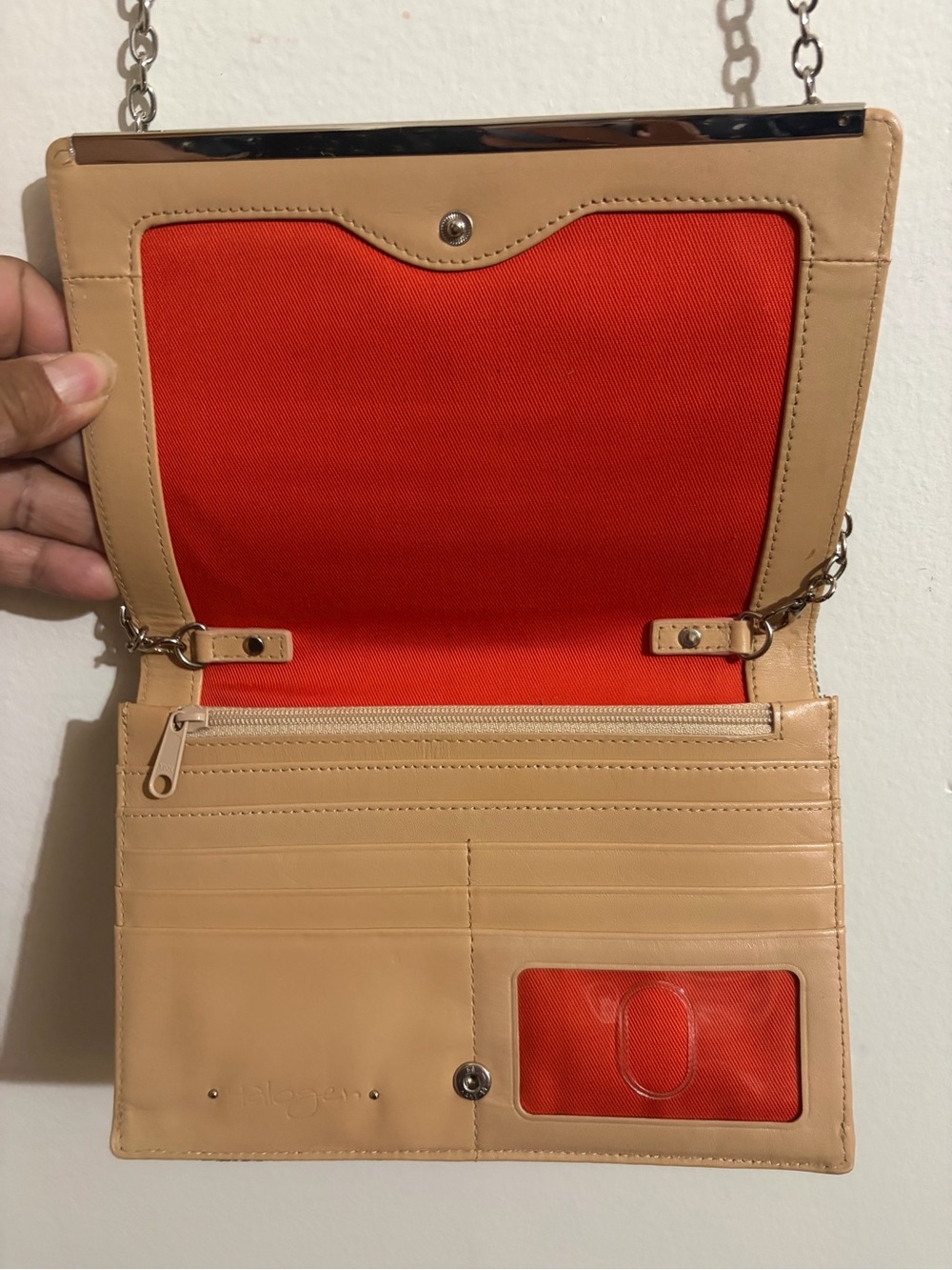 Halogen Tan Crossbody Wallet with Bright Red Interior